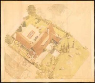 Landhaus, Nyon (Haus Schwebes, zahlreiche Varianten): Gartenplan. Perspektivische Ansicht (Vogelschau) 1:100