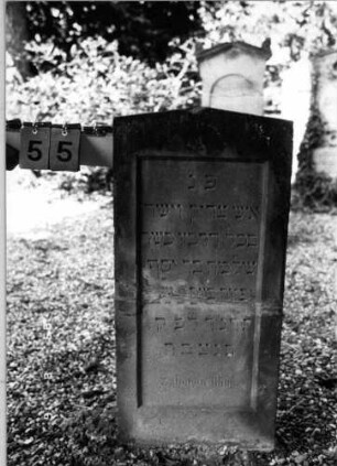 Grabstein 55 (Index: 100086706) Material: Sandstein Zustand: gebrochen und repariert mit Textverlust Maße HxBxT: 100x45x15 cm Beschreibung: Stele, giebelartiger Abschluß, eingetieftes Schriftfeld rechteckig: Grabstein 55