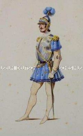 Mann im blauen Kostüm mit Brustharnisch und Helm - Tafel aus Franceschini/Kostümbilder (Kassette 2)