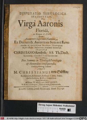 Disputatio Theologica Inauguralis, De Virga Aaronis Florida, ex Numer. C. XVII.