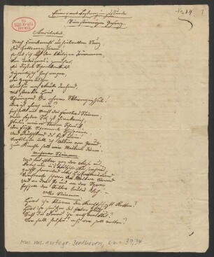 Handschriftlicher Text "Europens Befreyungsstunde. Vierstimmiger Gesang"