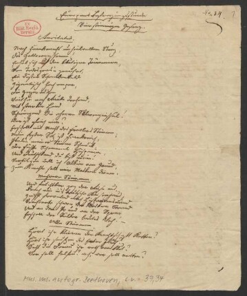 Handschriftlicher Text "Europens Befreyungsstunde. Vierstimmiger Gesang"
