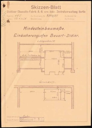Krematorium: Längsschnitt und Grundriss des Einäscherungsofens