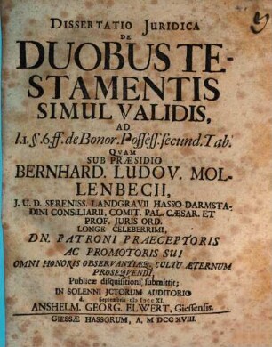 Diss. iur. de duobus testamentis simul validis
