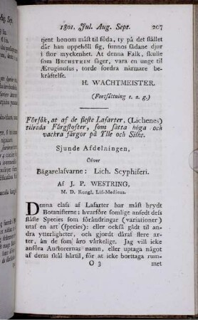 Försök, at af de fleste Lafarter, (Lichenes) tilreda Färgstofter, som sätta höga och vackra färgor på Ylle och Silke.