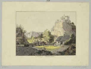 Die Burg Hohnstein in der Sächsischen Schweiz von Osten, im Vordergrund eine Mühle beim Schindergraben