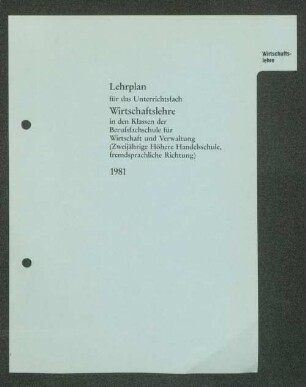 Lehrplan für das Unterrichtsfach Wirtschaftslehre ...