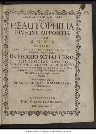 Exercitatio Moralis De Heautophilia Eiusque Oppositis