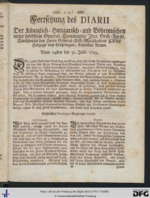 Fortsetzung des Diarii ... Vom 24sten bis 31. Julii 1743.