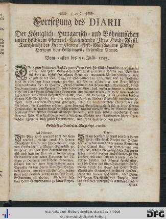 Fortsetzung des Diarii ... Vom 24sten bis 31. Julii 1743.