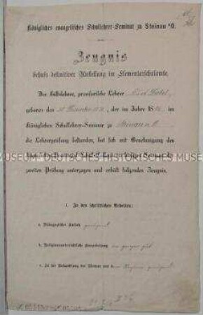 Zeugnis des Königlich evangelischen Schullehrer-Seminars für den Lehrer Kurt Diebel; Steinau, 2. Dez. 1899