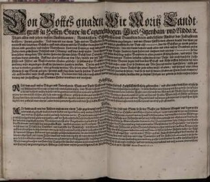 Von Gottes gnaden Wir Moritz Landtgraff zu Hessen ... Fügen allen und jeden unsern Ambtmannen/ Rentmeistern ... hiermit zuwissen/ Nach dem wir vor einem Jahr an dem Wasser der Fulda zubawen angefangen/ und ... so weit albereit bracht/ das man zur notturfft mit beladenen Schiffen auff: und abfaren und die Schiffart brauchen kan ... wie wir dann damals auch allen und jeden unsern Beambten an der Fulda einen gemessenen Befehlich und Ordnung ... ubergeben/ Als wieder holen wir hiermit solche Befehl und Ordnung ... : Geben zu Cassel unter unserm zu end fürgedrucktem Fürstlichem Secret am 8. Aprilis/ Anno Domini 1602