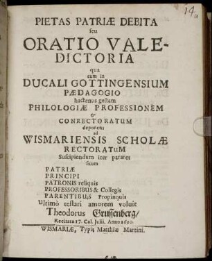 Pietas Patriae Debita seu Oratio Valedictoria