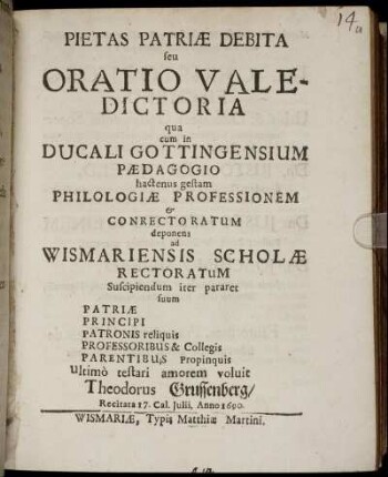 Pietas Patriae Debita seu Oratio Valedictoria