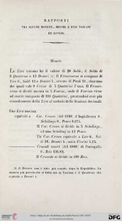 Rapporti tra alcune monete, misure e pesi toscani ed esteri