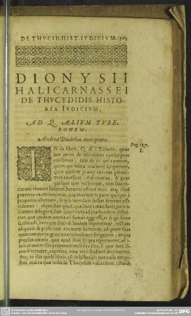 Dionysii Halicarnassei De Thucydidis Historia Judicium