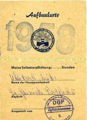 Nachweiskarte des Nationalen Aufbauwerkes über geleistete Arbeitsstunden