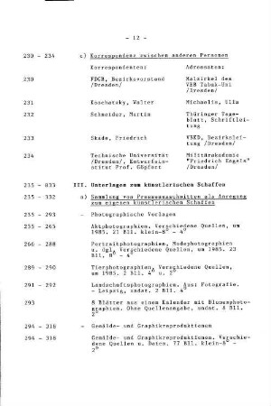 III. Unterlagen zum künstlerischen Schaffen