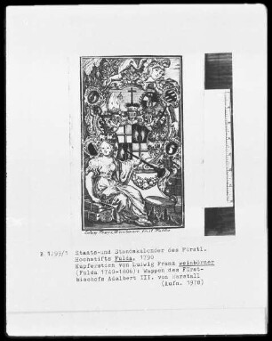 Des Fürstlichen Hochstifts Fulda Staats-und Standskalender auf das Jahr 1790 — Wappen des Fürstbischofs Adalbert 3. von Harstall