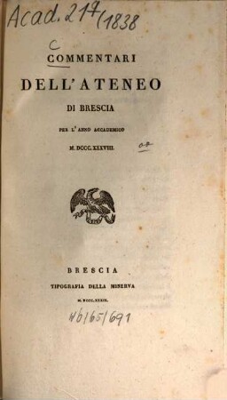 Commentari dell'Ateneo di Brescia. 1838