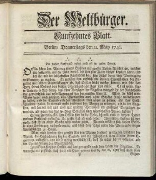 Funfzehntes Blatt. Berlin, Donnerstags den 11. May 1741.