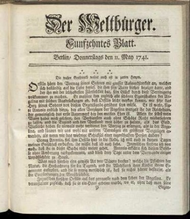 Funfzehntes Blatt. Berlin, Donnerstags den 11. May 1741.
