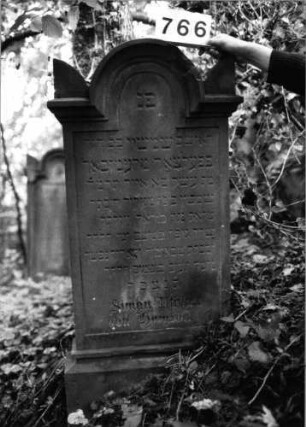 Grabstein 766 (Index: 99802240) Material: Sandstein Zustand: verwittert/Rundbogen beschädigt Maße HxBxT: 168x52x14 cm Beschreibung: Stele mit eingezogenem verdachtem Rundbogen und Seitenakroterien Besonderheit: Zitat Hiob 6, 11: Grabstein 766