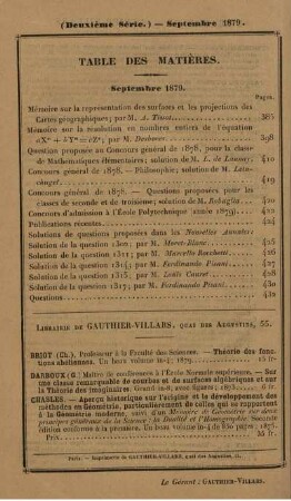 Table des matières. Septembre 1879.