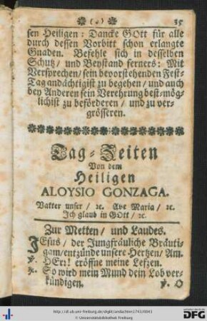 Tag-Zeiten Von dem Heiligen Aloysio Gonzaga.