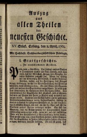 XV. Stück. Coburg, den 8. April, 1761.