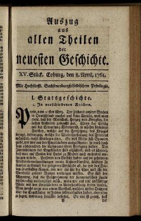 XV. Stück. Coburg, den 8. April, 1761.