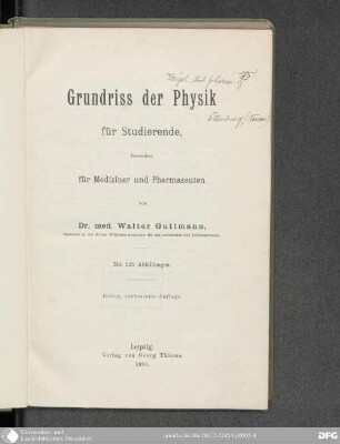 Grundriß der Physik für Studierende, besonders für Mediziner und Pharmazeuten : mit 125 Abb.