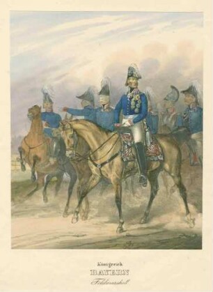 Feldmarschall und sechs weitere Offiziere in Uniform teilweise mit Orden zu Pferd, Uniformblätter nach der bayr. Armee von Dietrich Monten und Heinrich Ambros Eckert