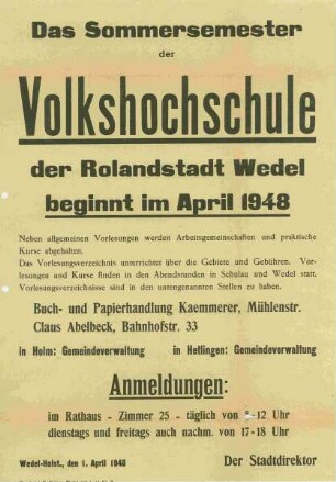 Das Sommersemester der Volkshochschule der Rolandstadt Wedel beginnt im April 1948