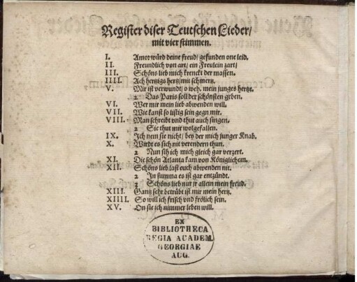 Register diser Teutschen Lieder/mit vier stimmen.