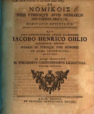De Nomikois Ivris Vtrivsqve Apvd Hebraeos Doctoribvs Privatis, Meditatio Epistolica