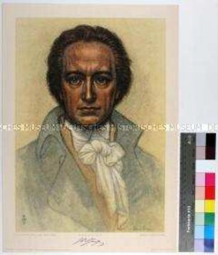 Druck eines Porträts des Johann Wolfgang von Goethe nach einer kolorierten Zeichnung von Helmut Berger