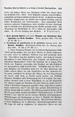 495-496 [Rezension] Rauschen, Gerhard, Prof. [Professor] Heinrich Schroers und meine Ausgabe von Tertullians Apologetikum