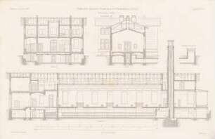 Städtisches Allgemeines Krankenhaus, Berlin-Friedrichshain: Schnitte einstöckiger Pavillon (aus: Atlas zur Zeitschrift für Bauwesen, hrsg. v. G. Erbkam, Jg. 25, 1875)