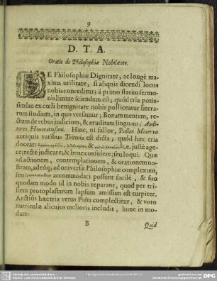 Deo Triuno auxiliante Oratio de Philosophiae Nobilitate