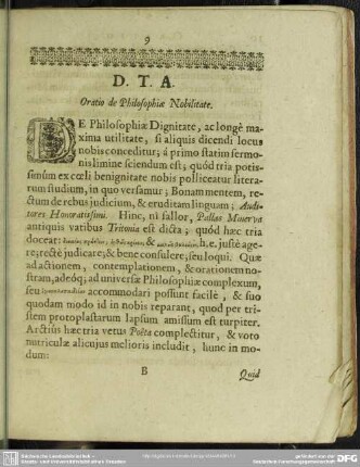 Deo Triuno auxiliante Oratio de Philosophiae Nobilitate