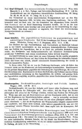 383, Ernst Schultze. Die jugendlichen Verbrecher im gegenwärtigen und zukünftigen Strafrecht. 1910