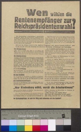 Flugblatt des Internationalen Bundes der Opfer des Krieges und der Arbeit e.V. zur Reichspräsidentenwahl am 13. März 1932 mit Aufruf zur Wahl des Kandidaten Ernst Thälmann