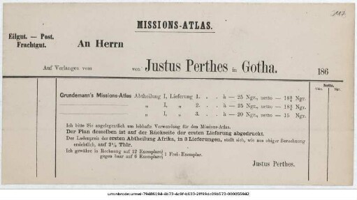 Subskriptionsliste zum Missions-Atlas : von Justus Perthes in Gotha 186[X] ; [Bestellschein]