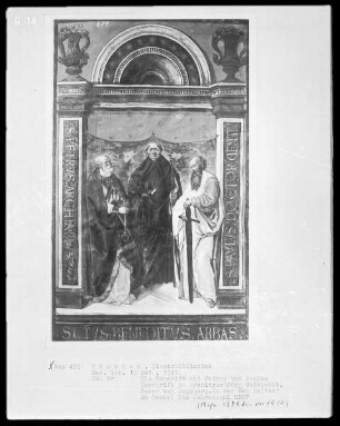 Psalterium — Der heilige Benedikt flankiert von Petrus und Paulus, Folio 8recto