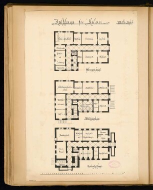 Rathaus, Calau Monatskonkurrenz März 1879: Grundriss Keller, Erdgeschoss, Obergeschoss; Maßstabsleiste