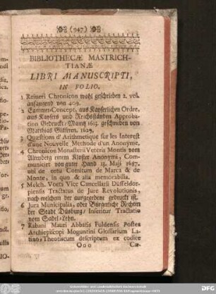 Bibliothecae Mastrichtianae Libri Manuscripti