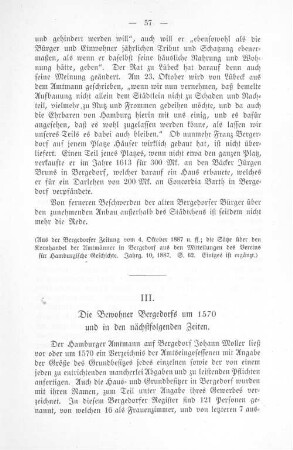 III. Die Bewohner Bergedorfs um 1570 und in den nächstfolgenden Zeiten.