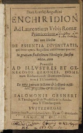 Divi Aurelii Augustini Enchiridion Ad Laurentium Urbis Romae Primicerium