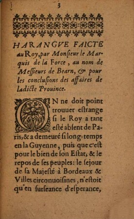 Harangve Faicte Av Roy, Par Monsievr Le Marqvis De La Force Au Nom de Messieurs de Bearn, pour les Conclusions des affaires de ladicte Prouince